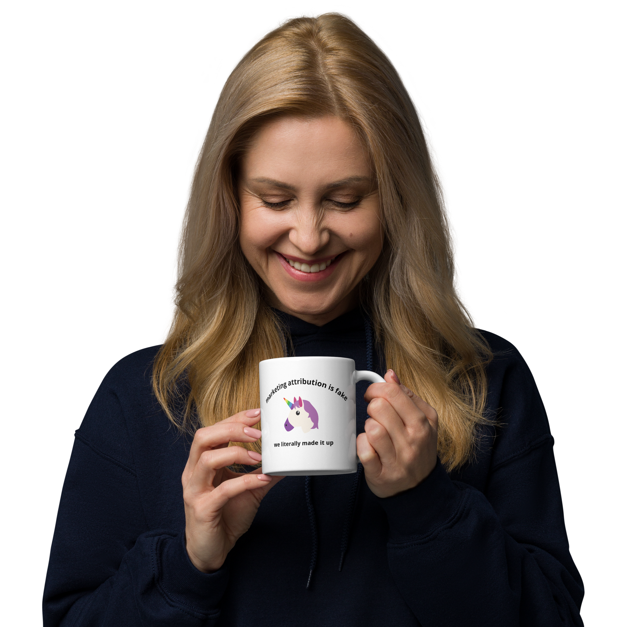 woman holding Marketing Attribution Is Fake News Mug in left hand