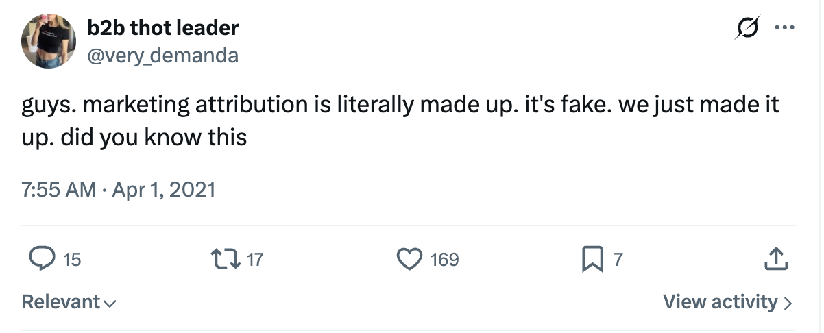 Original tweet: marketing attribution is literally made up.